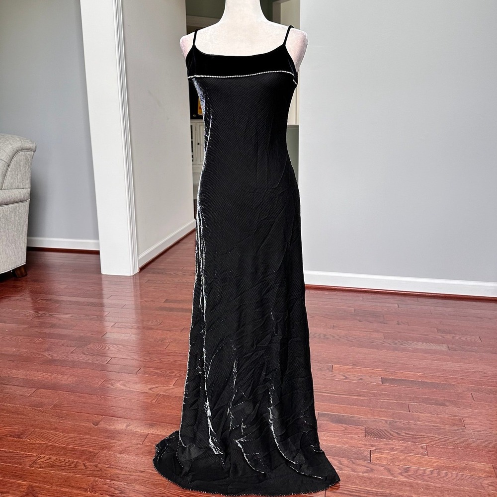 Vintage Betsy & Adam Mettalic Silver Black Velour Rhinestone Gown Formal Dress